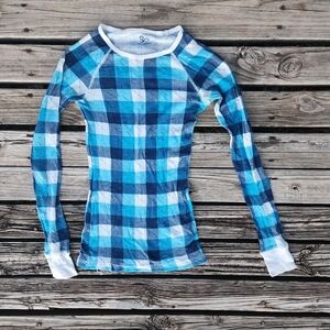 Blue Buffalo Plaid Thermal Top Short Small White SO Casual Winter Warm